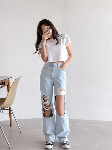 Wide Straight Pants Denim Pocket Overalls BUTT RIPPED JEANS