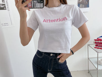Attention Embroidery Cropped T-SHIRT T-Shirts 3 Colors - Design by korea
