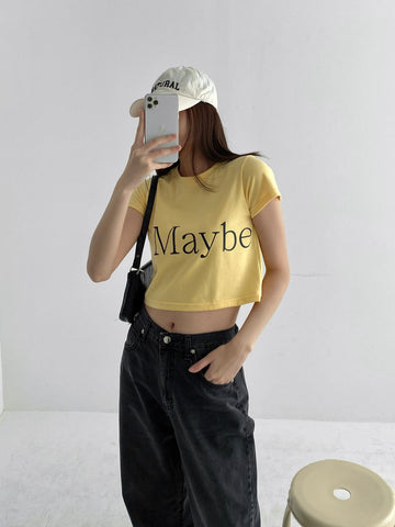 Maybe you printing Span Printing Cropped Lettering Short Sleeve T-shirt (3 colors) - Design by korea