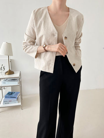 Linen no collar jacket - DESIGN BY KOREA (4 COLORS)