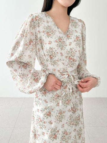 Flowers rose Shirrings Dress 2 colors - Design by Korea