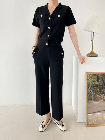 休闲日常围网纽扣短袖短裤，上衣和下装（SET）3色-韩国设计