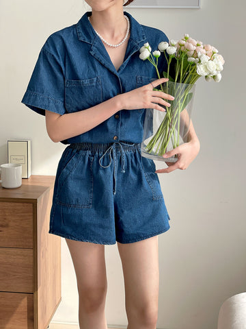 Denim two-piece  short sleeve short pants, top and bottom(SET) 3 colors -Design by Korea